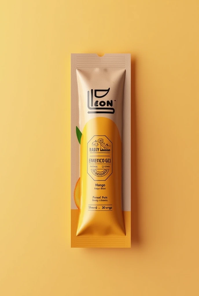 can you add label using black fonts to my rectangle 5cm width x 16cm height brown kraft paper 3 sides seal packaging strip. The label should include brand name “RazeOn”, product name “Energy Gel”, flavor “Mango” and net weight “30 grams”.