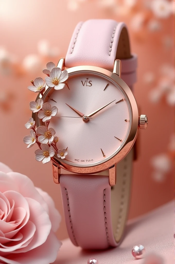 A ladies watch. The delicate leather straps were in a blush pink colour and the case was shiny rose gold, with a cuff of metallic flowers climbing up the left side of the face
