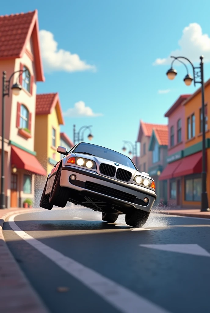 Im Stil von Pixar 3D-Animation filmen (Caricature). A silver BMW E46 Compact drifts through a curve and pushes people through the air with its rear end.