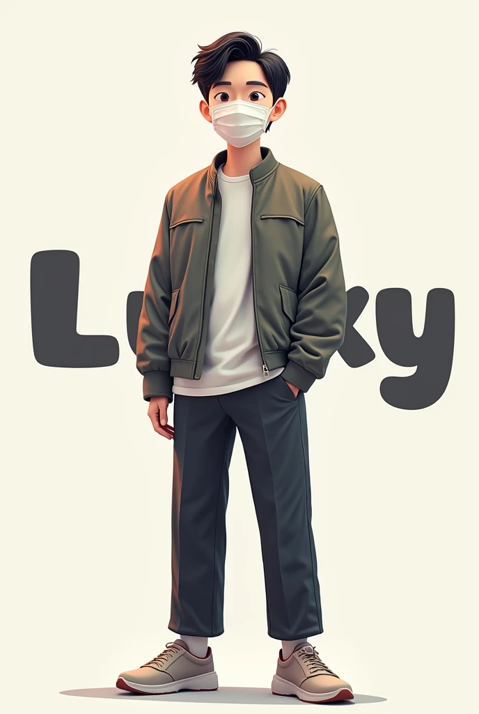 Korean
Man wearing mask and letter lucky behind him full body and all words