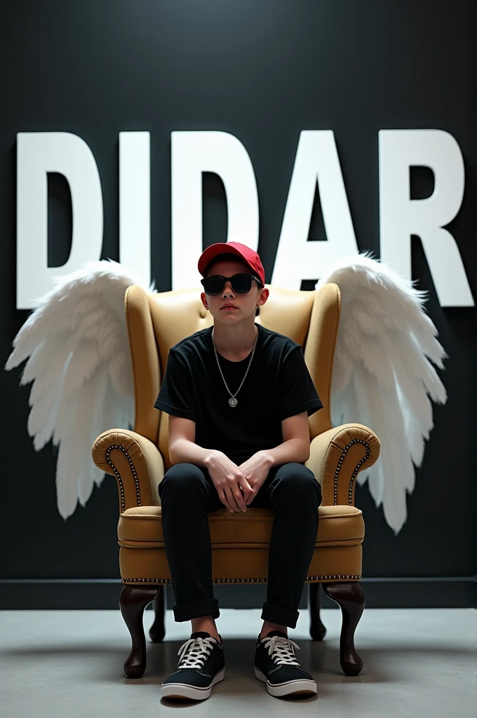 Create a 3D illusion for a Instagram profile picture where a 2 boy in a black shirt sits casually on a Wingback Chair. Wearing sneakers, a Red cricket cap, and sunglasses, he looks ahead. The background features "DIDAR" in big and capital white fonts on the black wall. There should not be his shadow, and there are wings to make it appear as if he is an angel.
