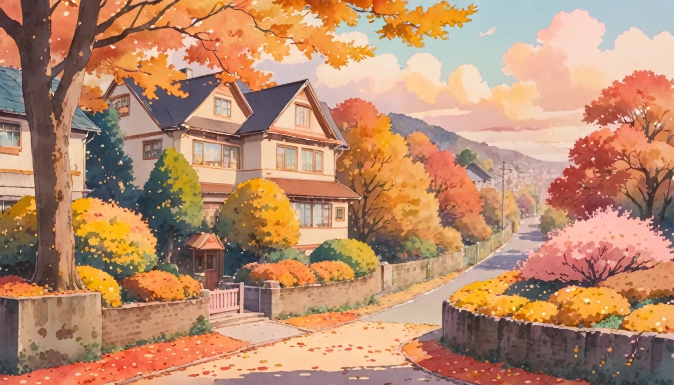 ultrawide Cozy autumn aesthetic fall,Studio ghibli inspired,Watercolor,no people,Lofi,Cute