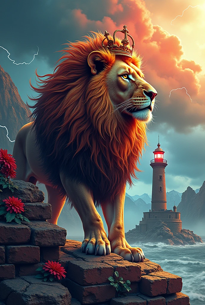 Name Daniel Reigadas Leon.Tattoo of a lion with a crown, bricks and incredible colors in 8k quality tattoo,a lighthouse in the background and the mountain, sunny and rainy,Storm,good heavens,thunders,cyberpunk.