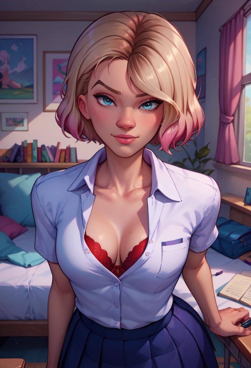 white silk shirt, deep v neck, school suit, red lace bra, school skirt, GwenstacySDXL, short hair, medium breast, teasing, looking at viewer, grabbing a pen, teasing, background(bedroom)