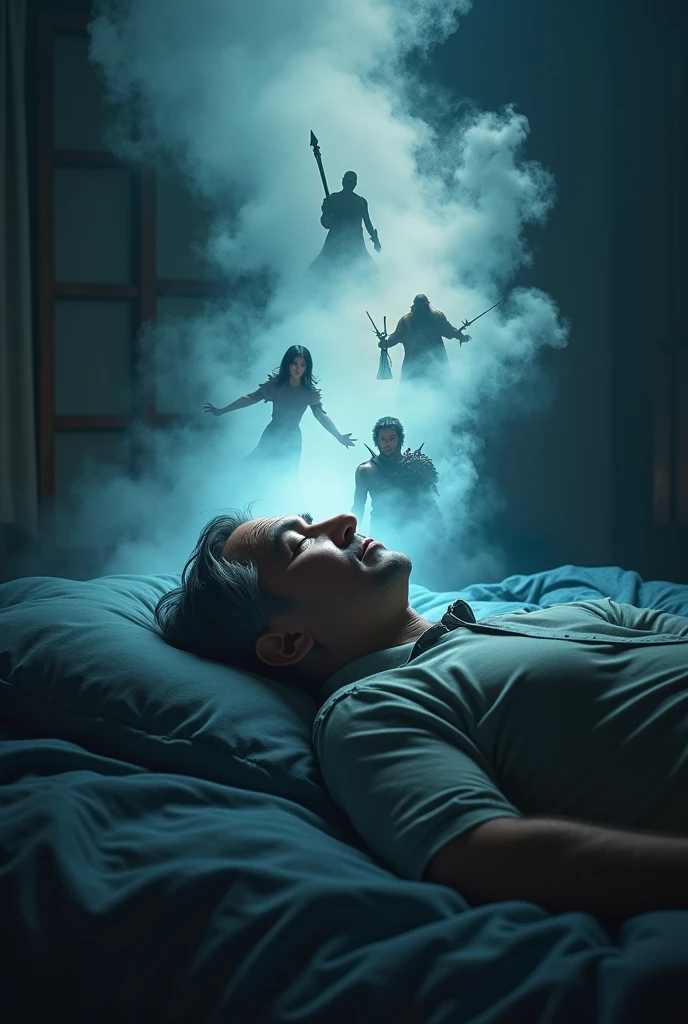 A tired middle-aged man lies in a dark room,With eyes closed,Immersed in his fantasy world, There was a bright mist hanging over his head,There is a Q version of Kakarot in the fog,There is a Q version of Arale in the fog,There is a Q version of God of War Kratos in the fog,There is a Q version of Doraemon in the fog,There is a cute version of Sakuragi Hanamichi in the fog,There is a Q version of Optimus Prime in the fog,There is a Q version of Sun Wukong in the fog