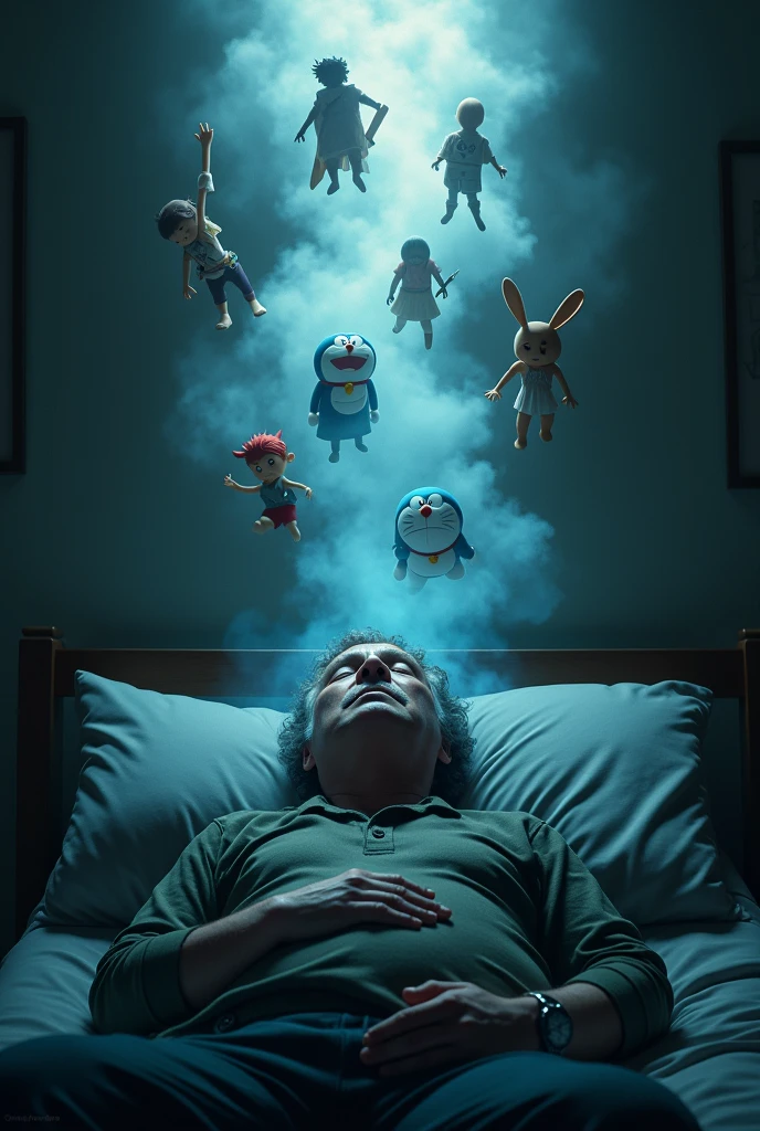 A tired middle-aged man lies in a dark room，With eyes closed，Immersed in his fantasy world, There was a bright mist hanging over his head，There is a Q version of Kakarot in the fog，There is a Q version of Arale in the fog，There is a Q version of God of War Kratos in the fog，There is a Q version of Doraemon in the fog，There is a cute version of Sakuragi Hanamichi in the fog，There is a Q version of Optimus Prime in the fog，There is a Q version of Sun Wukong in the fog