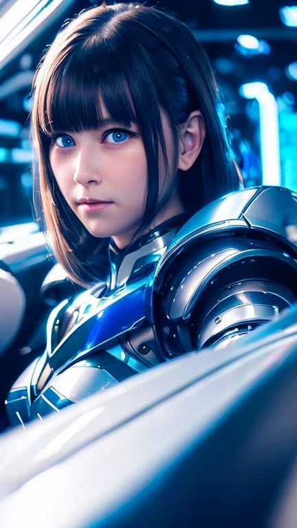 Wide-angle shot, 1 female, Mecha, Glowing blue-black eyes, Very cute face, (Realistic:1.37), バイオMechaニカル, Spaceship interior bokeh background, Ultra-realistic, Very detailed, Very intricate details, Beautiful woman in focus、Looking at the front-facing camera、