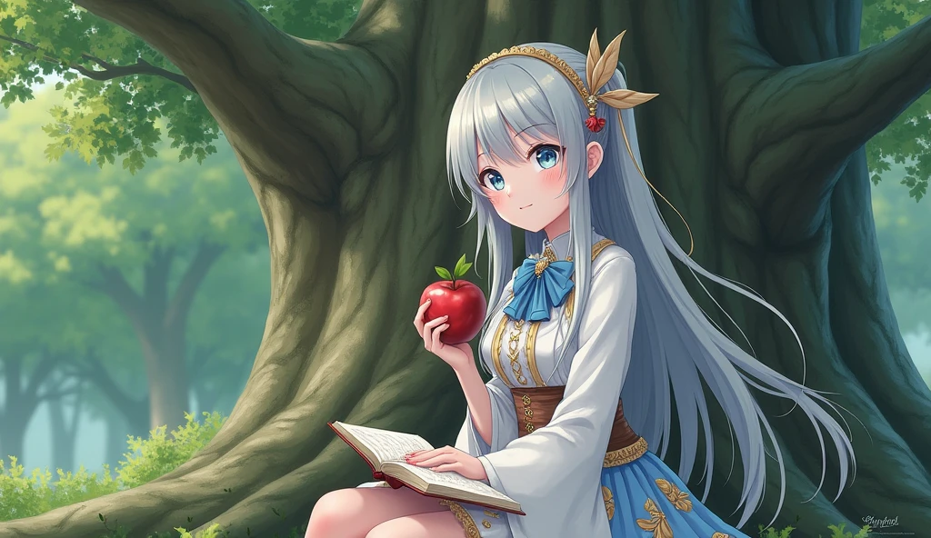 an anime ladies with long silver hair half ponytail, blue eyes, pale skin, wearing a magic school uniform with a brooch, is sitting against a tree while holding an apple and reading a book and smiled sweetly looking ahead.