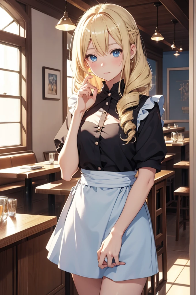 hd, Anime girl, clean and meticulous anime art, blonde hair, drill hair, himedere, princess, beautiful anime art style, cute anime girl portrait, light blue eyes, lovely art style, Soft anime illustration, waitress, thin waist, apron, long hair, upper body, standing, café, interior