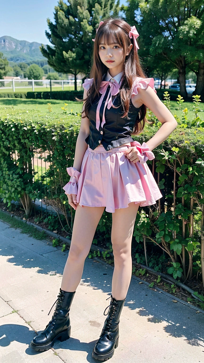 (8k、RAW Photos、Highest quality、masterpiece:1.2)、(Realistic、Realistic)、1 person、((Black and Pink、Sequins、garden、ribbon、Frills、mini skirt、Thin legs、whole body、boots、View from the front、Looking into the camera、Stand with hands on hips))、cute