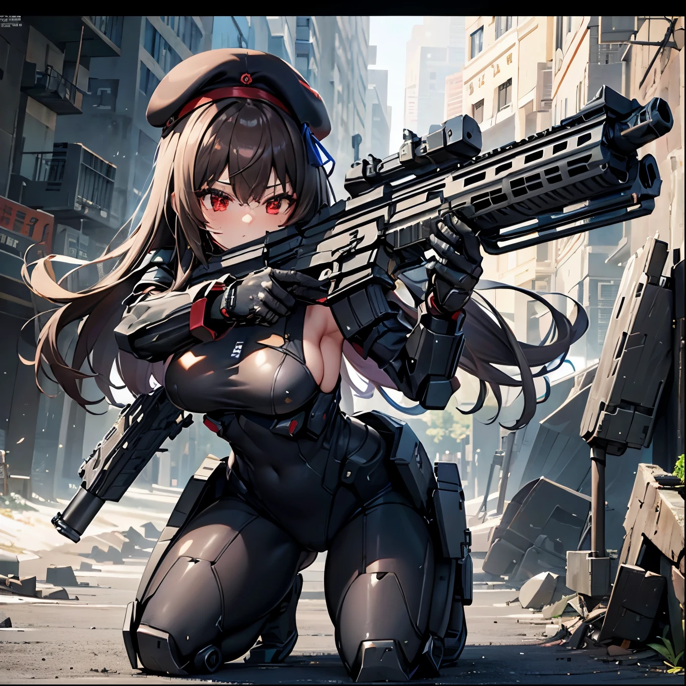 high resolution、Detailed drawing、Beautiful background、NOD、Lapi、cute、sexy、Black Beret、(Brown Hair、semi-long、Straight Hair)、Black and crimson military uniform、Black leotard、One Girl、(hk416、rifle、Gun of the Future)、Strengthen the outer frame、Medium sized breasts、Revealing clothing、Holding a gun、Fighting Pose、Android、Mechanical Body、(Futuristic sci-fi background、A giant combat robot in the background)、Cool Beauty、Sideboob