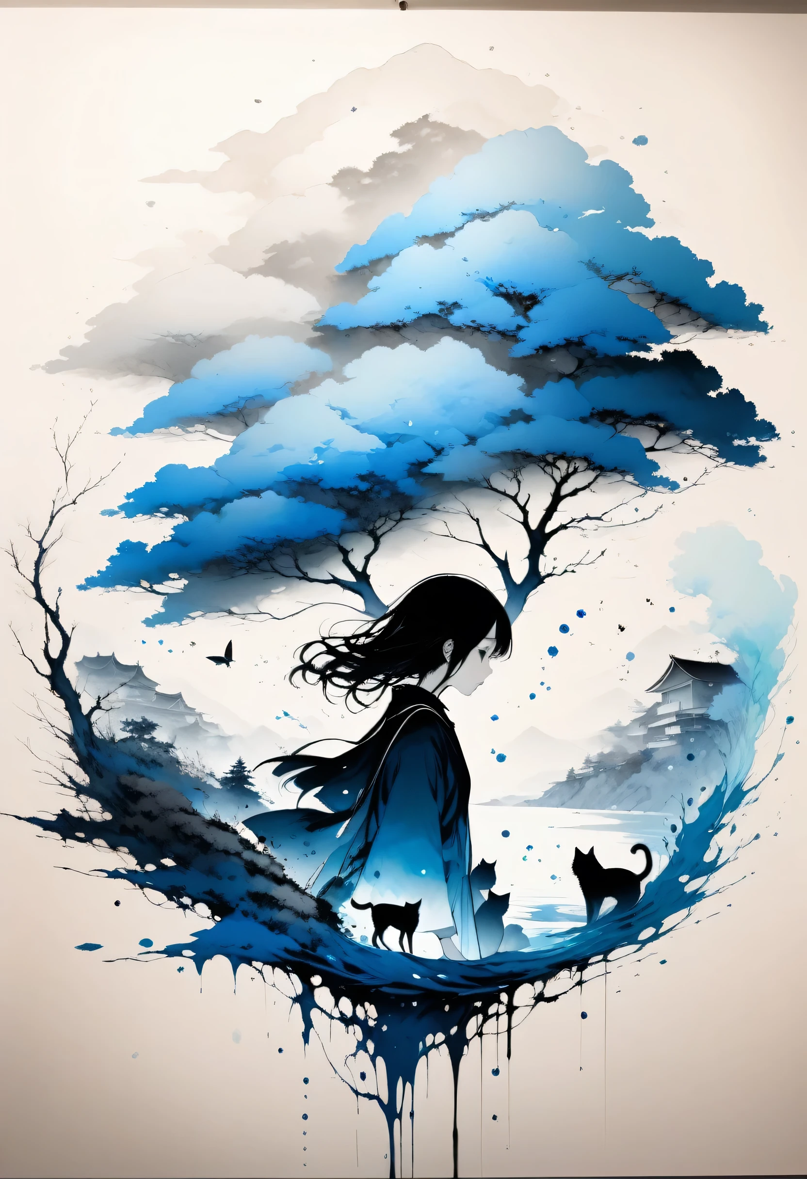 Painting of a beautiful girl holding a cat、Filled with love for cats、love deep、chaos、(Ink drawing on Japanese paper, Landscape painting that bleeds easily)、(Picture book-like contemporary art) ,Dark Side Artistic、Contemporary Art、(Transparent watercolor) (Light itself is reality) (Soft layer,blue hue) (shades of paint dissolved thinly with water) (deep, Delicate colors) paint (draw) In black and white:1.4、Masterpiece、Highest quality、