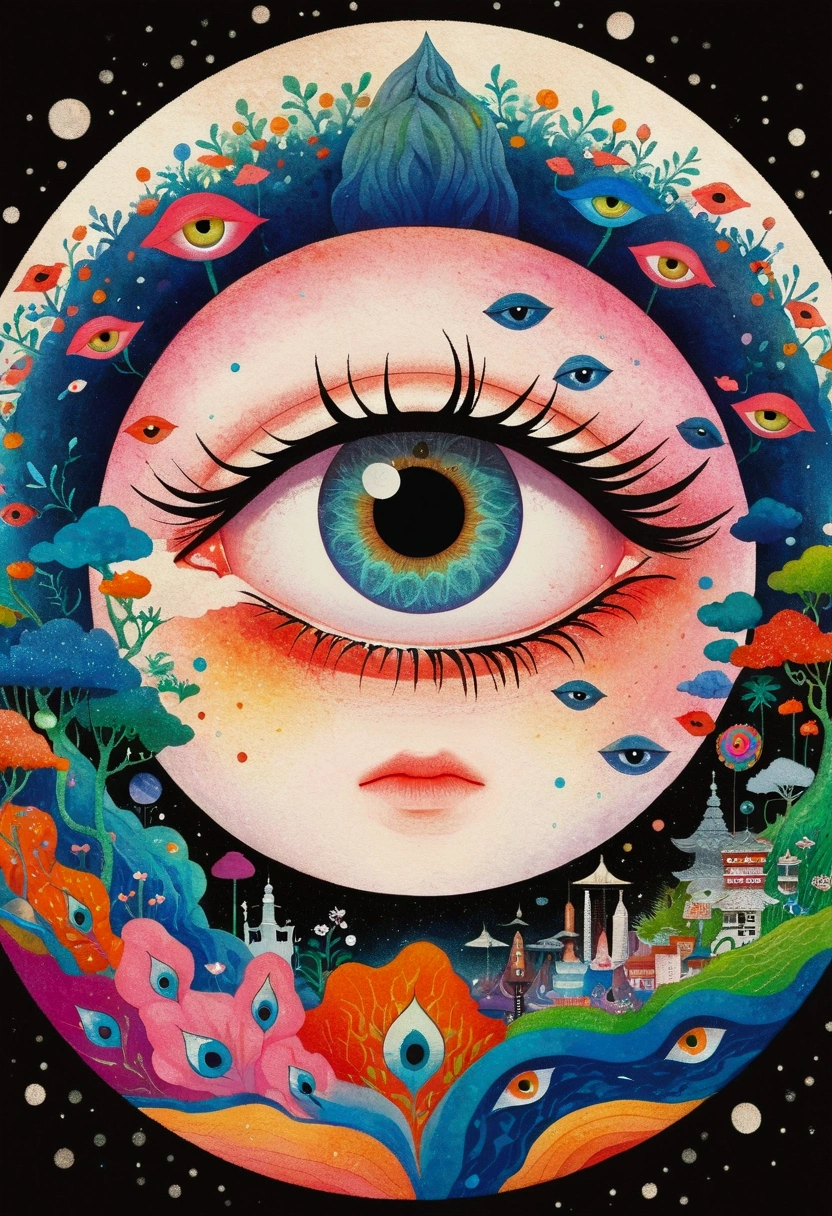 这幅画描绘了一个男人站在一颗五彩缤纷的Eye前, Murakami Chemical Illustrations, pixiv, Concept Art, Fantasy psychedelic anime, Color illustrations, Psychedelic illustration, Look into my eyes, Blurred dreamy illustration, humEyes, Blurred dream picture, Eye, 没有Eye, 睁大你的Eye, Eye of the Universe