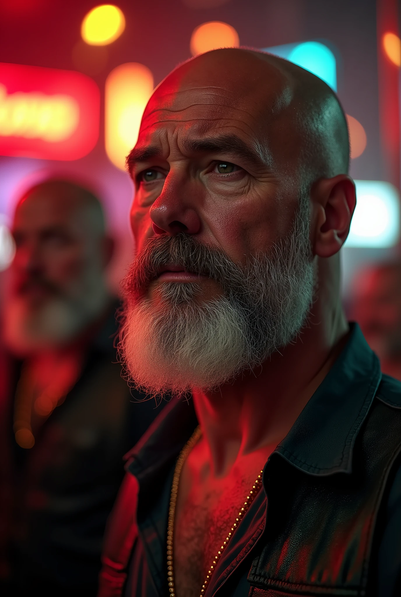handsome middle aged man, gentleman, casual shirt, detailed concerned face, small white mustache, balding, open mouth, looking around in a gay night club, background with multiple bearded powerlifter grandpas wearing leather vests with huge white beards, insane detail, 18 k, hdr, high dynamic range, rim lighting, subsurface scattering, pores, detailed skin, shot on a Hassleblad X2 D with Kodak Ektachrome 64 film, vibrant colors, professional photography, subsurface scattering, softbox lighting, photorealistic, high contrast, 8k HD, oiled skin, detailed skin texture, RAW, ultra realistic, textured skin, emotional scenes, high contrast lighting
