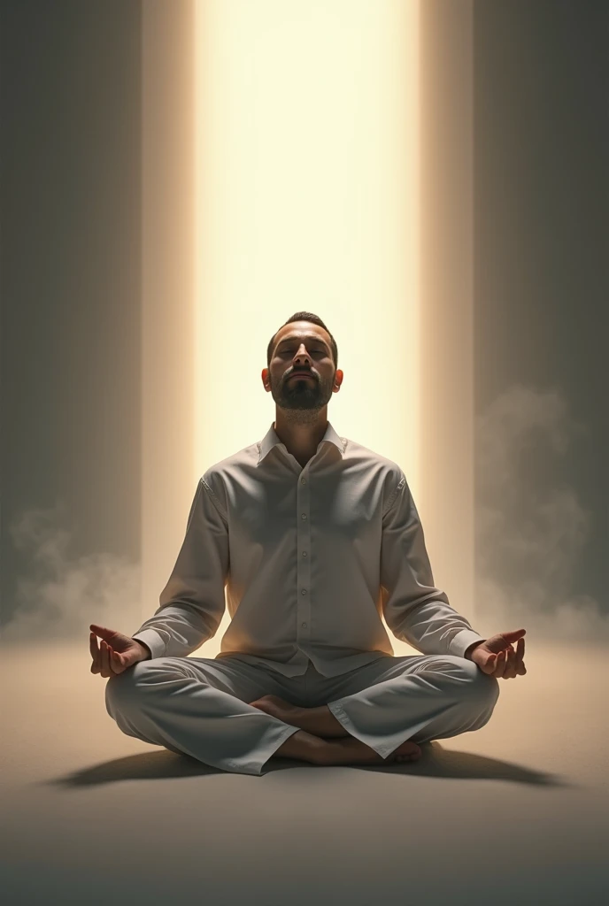 Man sitting in meditation position floating on his back with a bright beam of light projected behind him coming out from the background