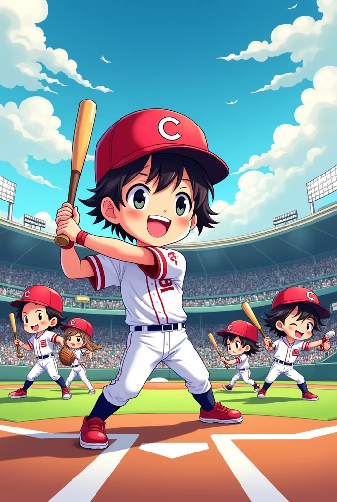 Vibrant Japanese manga-style illustration, chibi style,boys, featuring 9 adorable baseball players each striking a batting or pitching pose.