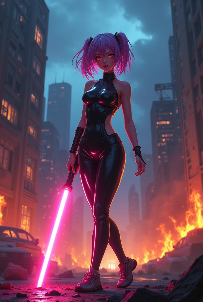 an anime girl stands with a lightsaber in her hand against the background of a burning city wearing a latex suit