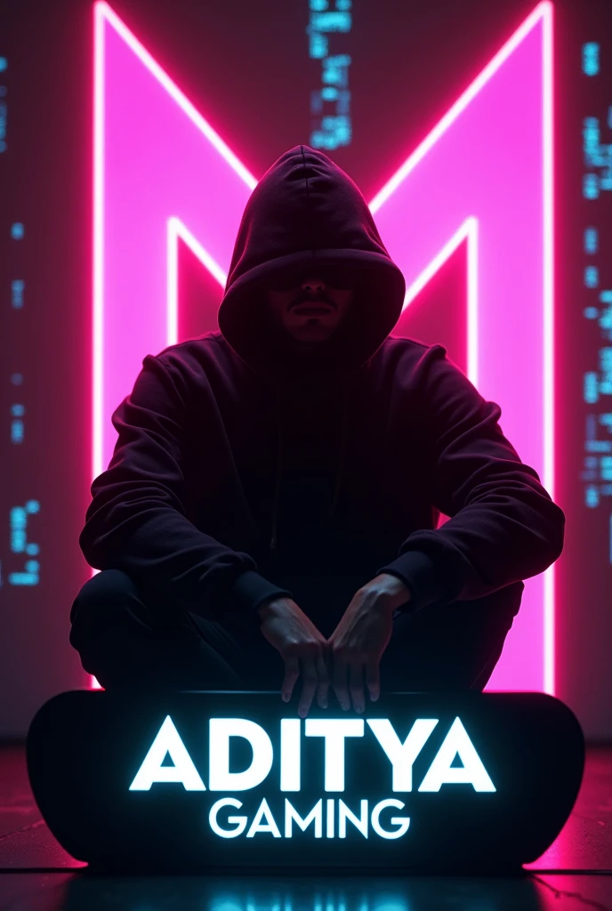 A mysterious figure in a black hooded sweatshirt sits in the center of a glowing neon pink "M" with a digital matrix background. The figure is obscured by the shadows of the hood. The "M" is surrounded by streaks of light and digital code. The text "ADITYA GAMING" is in bold white letters below the figure. [Digital art, cyberpunk style], [inspired by the work of Beeple], [lighting: neon pink, focus on the figure, background: digital matrix code, texture: smooth, rendering: high quality]