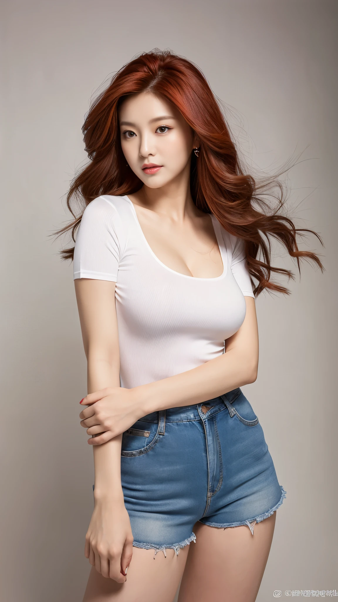 a sexy korean adult model, flowy layered-red hair, glossy lips, braless, colossal breasts, long legs, wearing a casual white tight shirt with rounded-neck spandex short-sleeve, jeans short-shorts, photo session, high heels, potrait photo, at photo studio, seductive poses