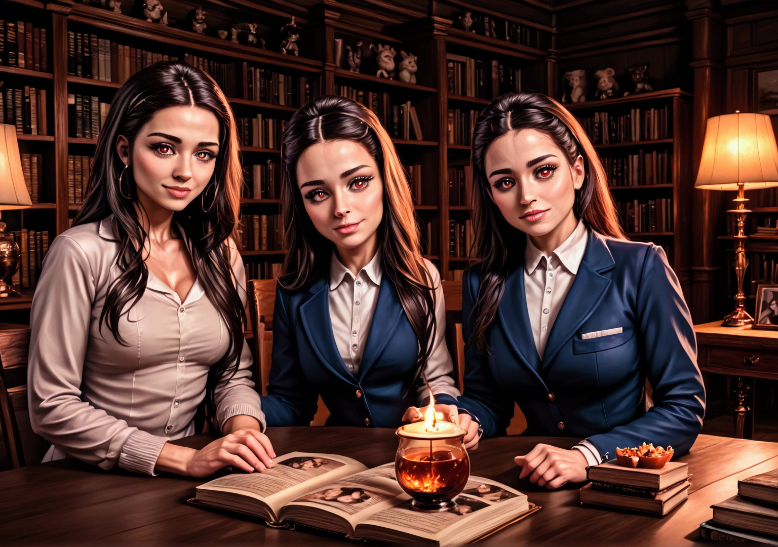 a group of introverted college students sitting around a table in a library surrounded by books, beautiful detailed eyes, beautiful detailed lips, extremely detailed eyes and face, long eyelashes, realistic, photorealistic, photo-realistic:1.37, (best quality,4k,8k,highres,masterpiece:1.2),ultra-detailed,(realistic,photorealistic,photo-realistic:1.37),HDR,UHD,studio lighting,ultra-fine painting,sharp focus,physically-based rendering,extreme detail description,professional,vivid colors,bokeh,interior,cozy,warm lighting,relaxed atmosphere,introspective mood,natural poses,thoughtful expressions