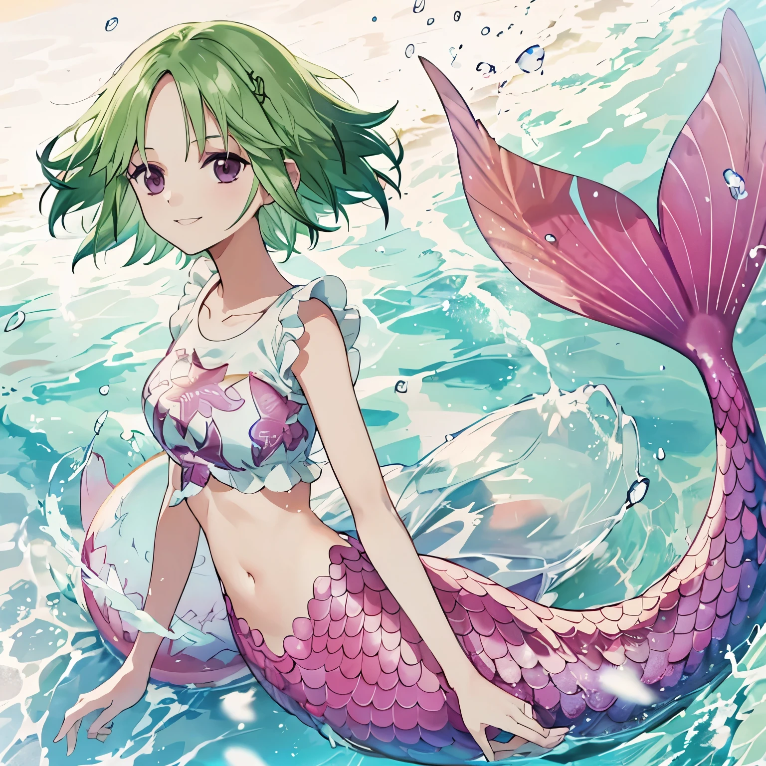 mermaid,Camie,In the water,short hair,green hair,crop top, raglan sleeves, short sleeves,(dark purple eyes:1.1), (parted bangs:1.5), (forehead:1.2),smile