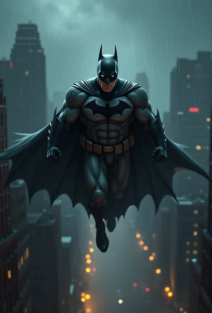 A rainy, dark sky background with Gotham City and Batman flying in the air, wearing his iconic costume and cape. The details of Batman should include a muscular physique, with a stern and determined expression on his face. His eyes should be intense and his jawline sharp. The rain should be depicted with droplets falling from the sky, creating a moody atmosphere. The cityscape of Gotham should be filled with tall buildings, dimly lit with neon signs and flickering streetlights. The colors should be muted and desaturated, giving a somber and mysterious feel. The lighting should be dramatic, with shadows cast by the buildings and illuminated by flashes of lightning in the sky. The overall image quality should be of the highest caliber, with ultra-detailed rendering and sharp focus on Batman and the cityscape. The art style should be a combination of concept art and realistic, giving a gritty and immersive feel. The color tones should lean towards cool blues and grays, enhancing the dark and gloomy atmosphere.