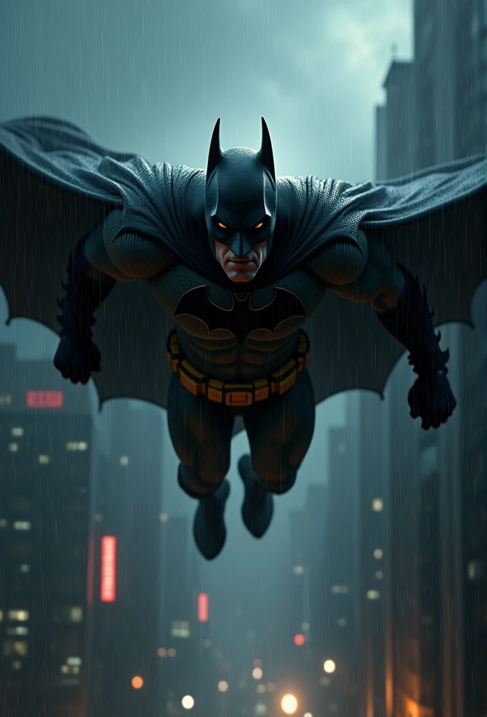 A rainy, dark sky background with Gotham City and Batman flying in the air, wearing his iconic costume and cape. The details of Batman should include a muscular physique, with a stern and determined expression on his face. His eyes should be intense and his jawline sharp. The rain should be depicted with droplets falling from the sky, creating a moody atmosphere. The cityscape of Gotham should be filled with tall buildings, dimly lit with neon signs and flickering streetlights. The colors should be muted and desaturated, giving a somber and mysterious feel. The lighting should be dramatic, with shadows cast by the buildings and illuminated by flashes of lightning in the sky. The overall image quality should be of the highest caliber, with ultra-detailed rendering and sharp focus on Batman and the cityscape. The art style should be a combination of concept art and realistic, giving a gritty and immersive feel. The color tones should lean towards cool blues and grays, enhancing the dark and gloomy atmosphere.