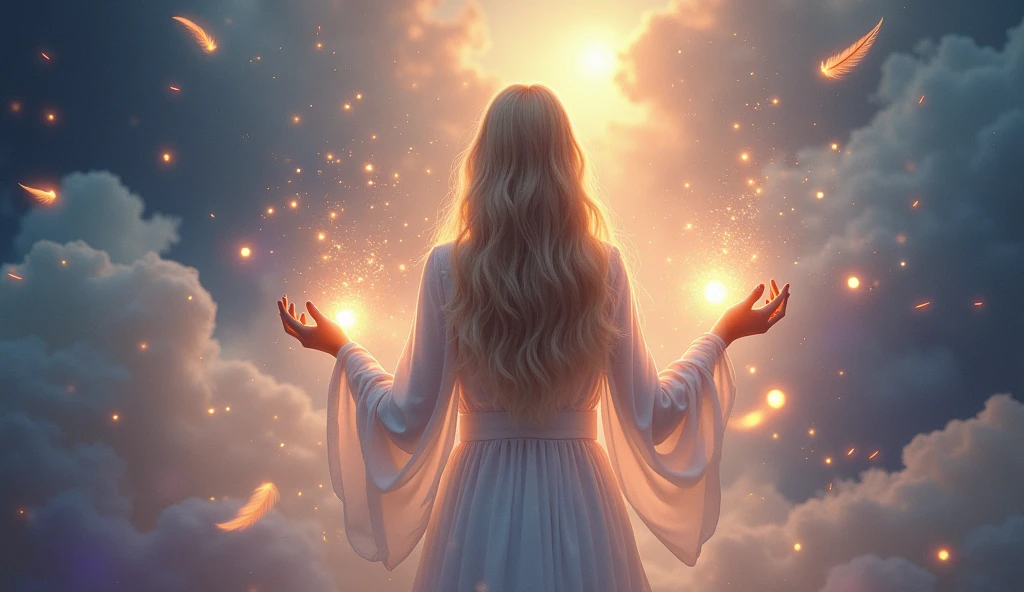A mystical and ethereal scene featuring a long-haired woman gently releasing glowing orbs of light, symbolizing letting go on a spiritual journey. The woman appears serene and radiant, surrounded by a soft, mystical environment with floating feathers, light trails, and gentle clouds. The background is a blend of deep blues, purples, and golden hues, creating a sense of spiritual depth and transformation. The scene is bathed in a soft, glowing light, enhancing the feeling of serenity and spiritual elevation.