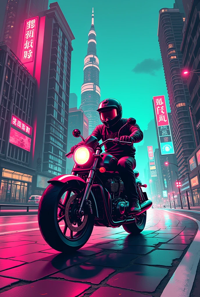 "A retro t-shirt design featuring an 80s motorbike shopper driving through a futuristic cityscape. The design uses neon colors like pink and teal, with a grid background and a worn texture."