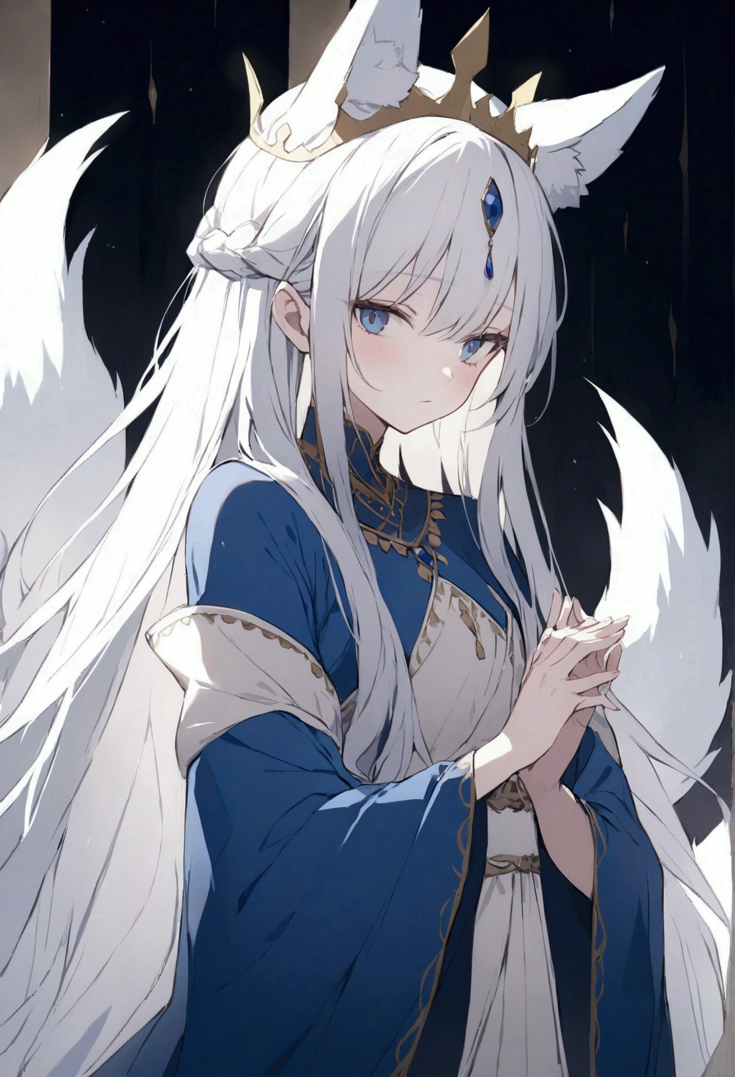 Lonely queen with a white long hair with blue bows wear a blue short kimono with a white kitsune ears and white kitsune tail have a blue eyes and is keeping his hands behind is a seer
