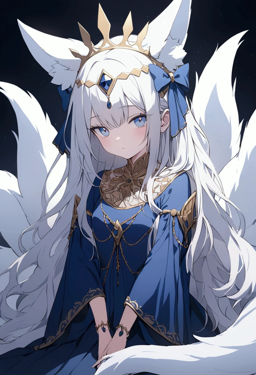 Lonely queen with a white long hair with blue bows wear a blue short kimono with a white kitsune ears and white kitsune tail have a blue eyes and is keeping his hands behind is a seer