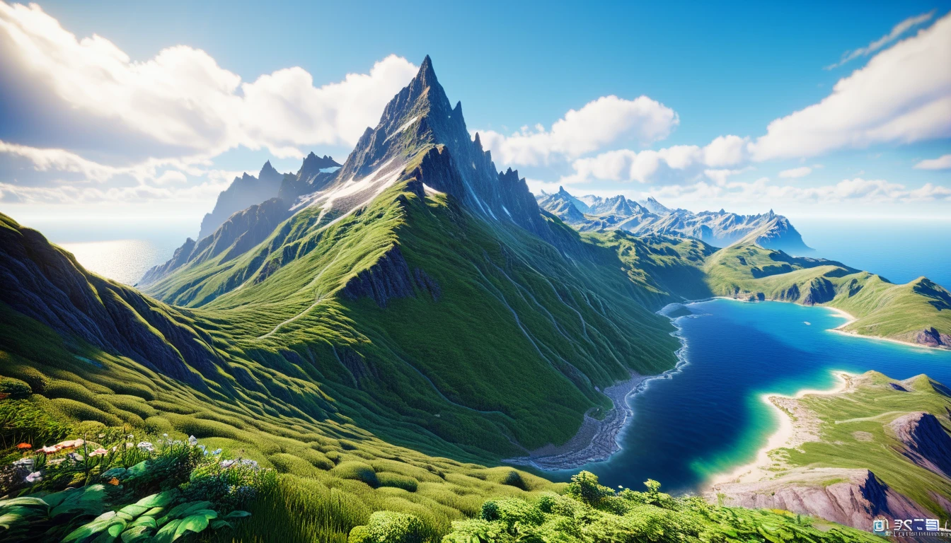 There is a highest mountain on the West Sea, covered with green plants（best quality，4K，8k，High level，masterpiece：1.2），Ultra Detailed，（lifelike，Photo real，Photo real：1.37），Complex patterns，Realistic lighting，虚幻引擎4K壁纸，Summer Unreal Engine 5, Beautiful landscape rendering, Mountains and Oceans, Rendered in 8k Unreal Engine,，The most beautiful scenery，Epic shock