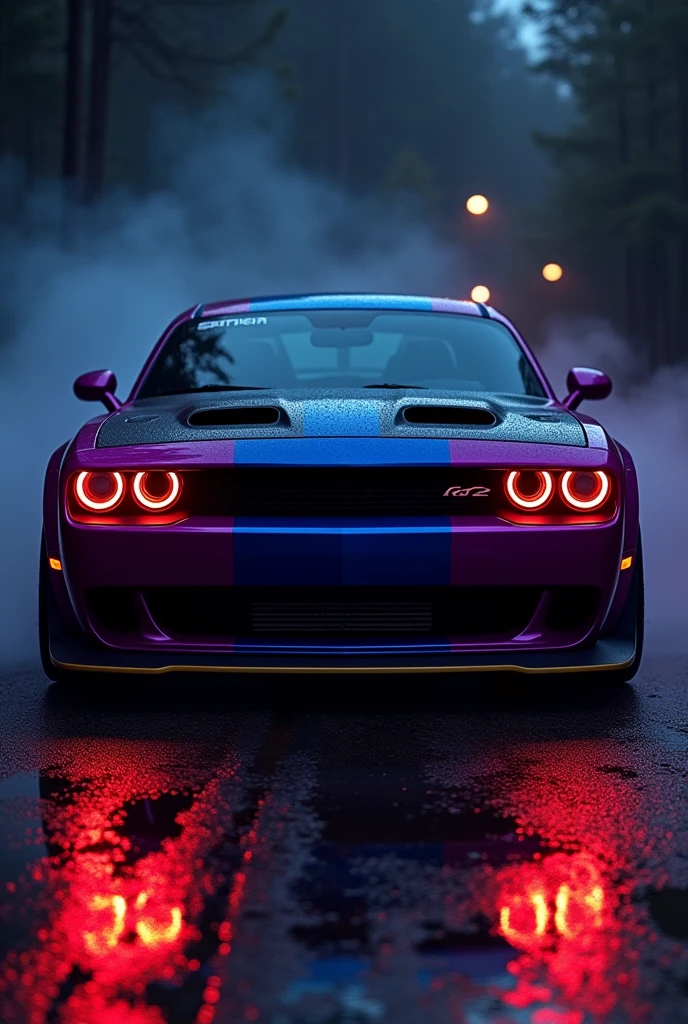 Dodge challenger demon srt in black,purple and blue colour in darkness with red headlights