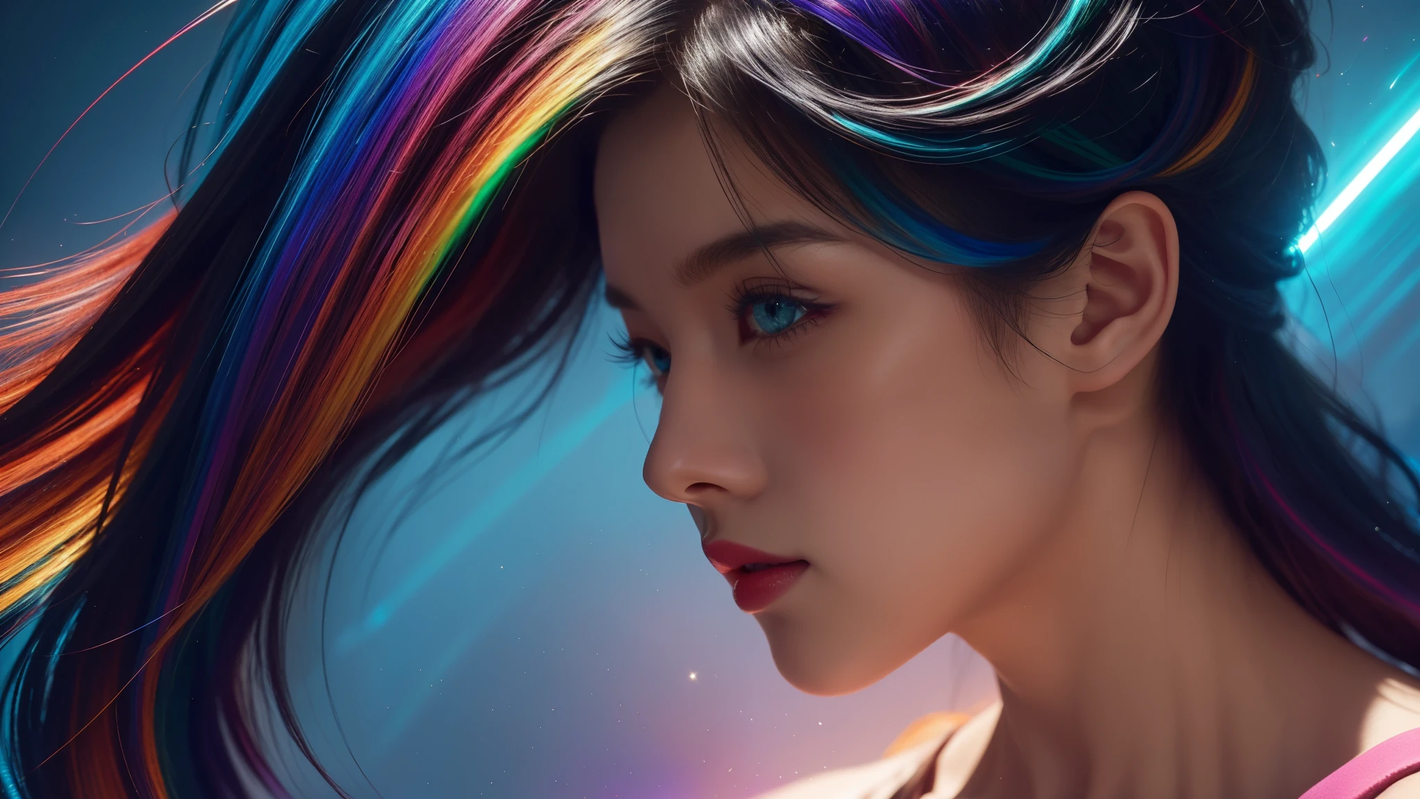 {{masterpiece}}, best quality, Extremely detailed CG unified 8k wallpaper, movie lighting, lens flare, beautiful details eyes, Black, side view, multi color hair, rich and colorful light, particle, heterochromia, (rich and colorful:1.5), (rich and colorful hair:1.5),