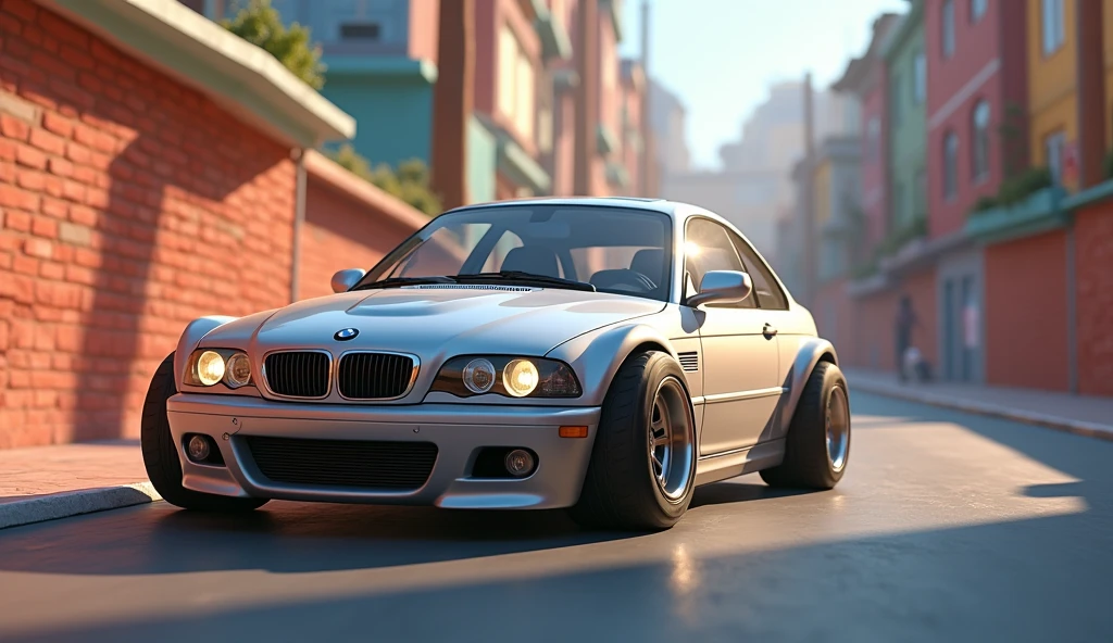 Im Stil von Pixar 3D-Animation filmen (Caricature). A silver BMW E46 Compact drifts through a curve and runs over a person with its rear end.