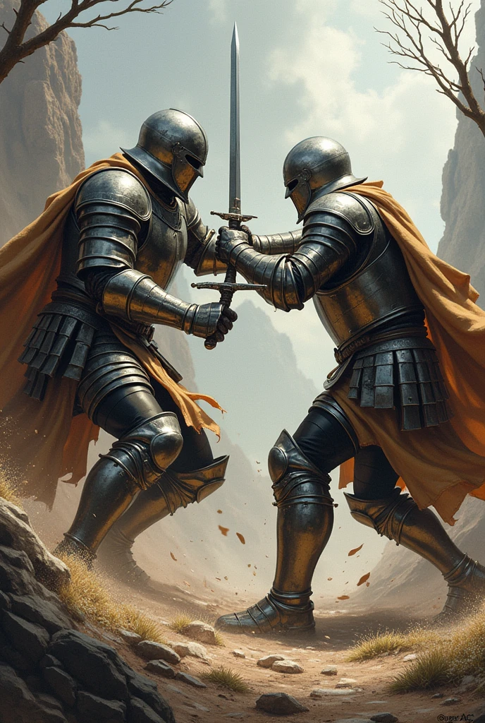 Make two men with armor and swords fighting