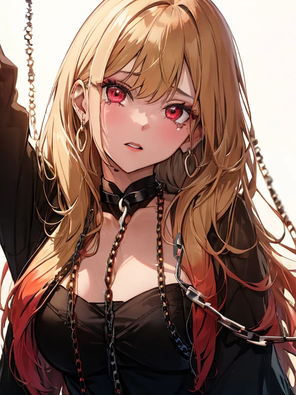 (Chains:1.5), Puppet, tears, Raise your hands, Kitagawa Marine, One girl, Blonde Hair, Long Hair, Multicolored Hair, Red eyes, jewelry, Earrings, Earrings, Black choker, uhd, retina, masterpiece, ccurate, anatomically correct, textured skin, super detail, high details, high quality, best quality, highres, 4K