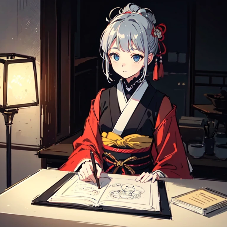 (Highest quality, sketch:1.2),Illustrator, masterpiece, Style: Taisho retro room、 Classic, Dark Black、Silver Hair、beautiful、Japanese style、Japan、I'm in the room、smile, good look modern、Taisho Romance、romantic、Interesting、emotion、Emotional