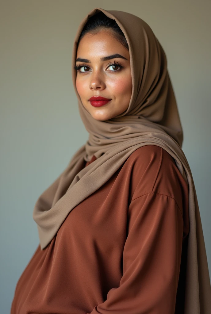 a young Indonesian mother aged 28 years wearing a light brown headscarf with bright red lips, big breasts, protruding hips