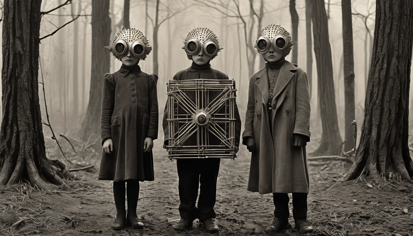 A ((Very old photograph in sepia tones only, monochrome)) surreal, surreal, 20S style image featuring three weird children with pale skin and striking facial features, including high cheekbones and dark, dramatic makeup. Both children are dressed in black Victorian-era clothing. They are standing with their backs to a furry bogeyman, large-eyed creature that is holding a rectangular object studded with nails between them. The background is a desolate, misty forest with strangers trees, adding to the eerie and spooky atmosphere of the scene. vintage, photorealistic, early science fiction, Intricate Details, from the film Metropolis, inspired by Fritz Lang's Metropolis, Directed by Fritz Lang. Retrofuturism, 1920s, Old sci-fi film, ((motion picture film)), Ultra detailed, Chiascuro, Intricate, Sharp focus, Studio photography, Highly detailed, Photorealistic style, Hyperrealistic, High dynamic range, B&W, Realistic textures, 8K UHD, Nikon D 850, Kodak Portra 400, Fujifilm XT, 3D rendering.