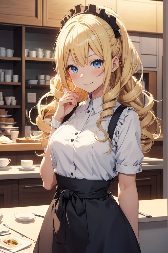 hd, Anime girl, clean and meticulous anime art, blonde hair, drill hair, himedere, ojou-sama, smiling, princess, beautiful anime art style, cute anime girl portrait, light blue eyes, lovely art style, Soft anime illustration, waitress, thin waist, apron, long hair, upper body, standing, café, interior