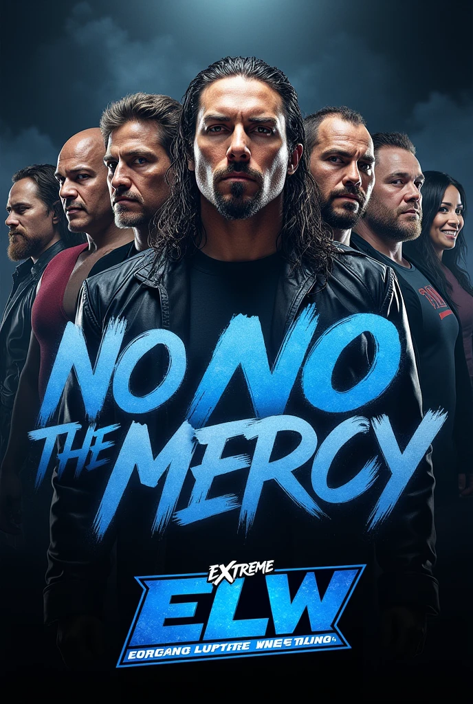 Genérame una imagen para promocionar el paper view de lucha libre no mercy de la ELW con las letras en color azul en donde aparezca el nombre de ELW presenta no mercy con la imagen de kazuchika Okada Cody rose Roman Reigns John cena the undertaker John moxly y the find Bray white