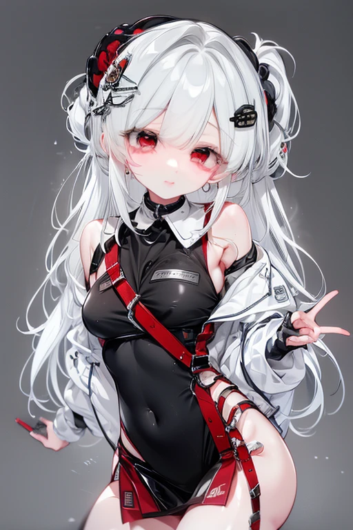 adult female,(body harness),high-heels,((simple background)),ssmile,((whole body)),((whole body)),character sheet, Produce an anime-style image, The girl, skin black, , it has ((Red eyes)) charming. {dark-skinned} white hair, The girl de corpo inteiro, Possession of a goddess, Portrait of character,((vertical)),Standing vertical with arms down, character sheet, vertical