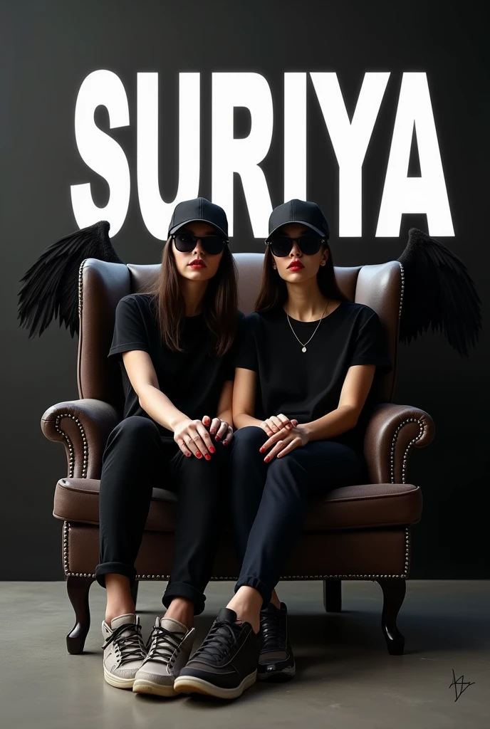Create a 3D illusion for a Instagram profile picture where a 2 girl in a black shirt sits casually on a Wingback Chair. Wearing sneakers, a black stylish cap, and sunglasses, he looks ahead. The background features "SURIYA" in big and capital white fonts on the black wall. There should not be his shadow, and there are wings to make it appear as if he is an davil