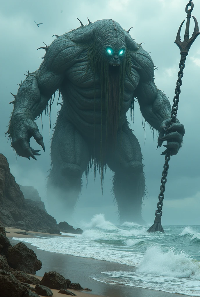beach, humanoid leviathan, chain with anchor, brandishing a chain,