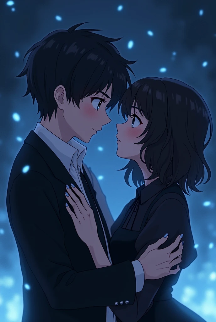 Anime boy put hand on anime girl anime girl face has some jealousy their clothes are back and some glowing Blue effect background are same like their clothes they looked little bit of dark both looking at me hugging each other make their clothes black and make them younger 