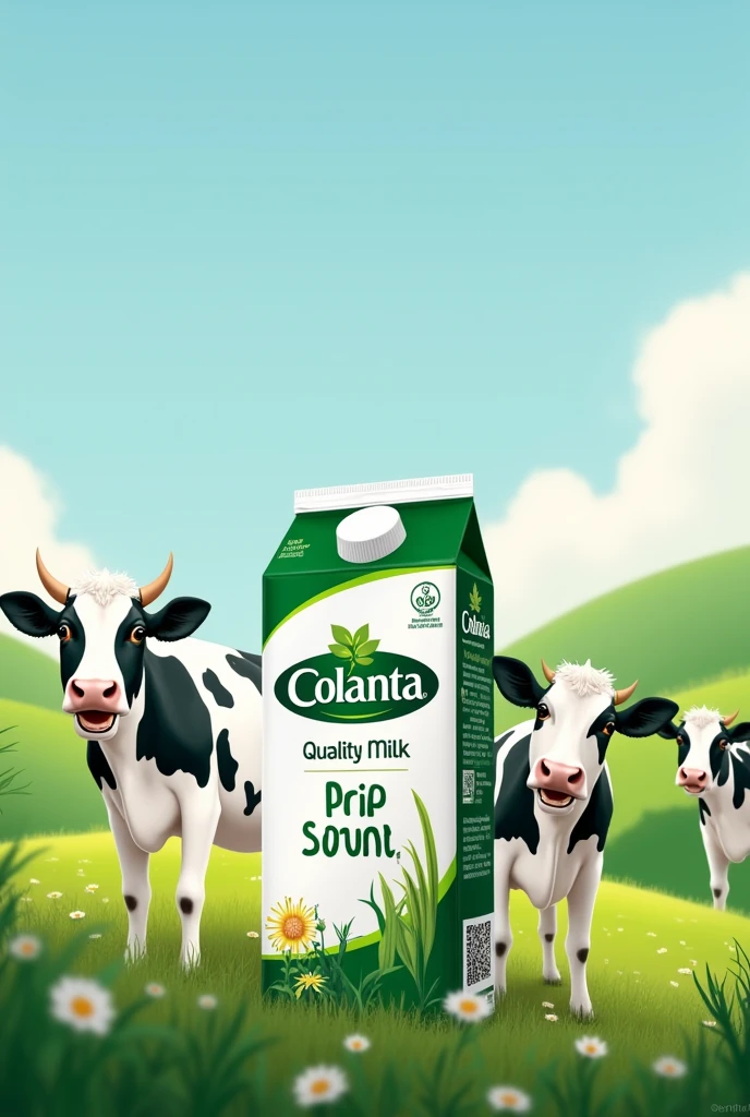 Generate 1 image about an advertisement for the Colanta brand, It is a brand with a characteristic white and green color, It is a dairy brand, Advertising should be educational and I want you to use a lot of creativity and show me an image that represents the benefits of milk from this Colanta brand., uses milk packaging from this brand with the green and white color and its characteristic animal, which is the cow, They look happy, This advertising will be on Instagram
