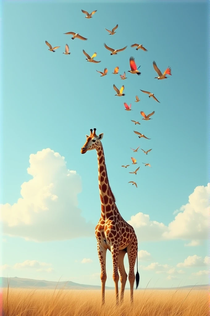 The giraffe's neck reaches so high,
While birds fly across the sky!