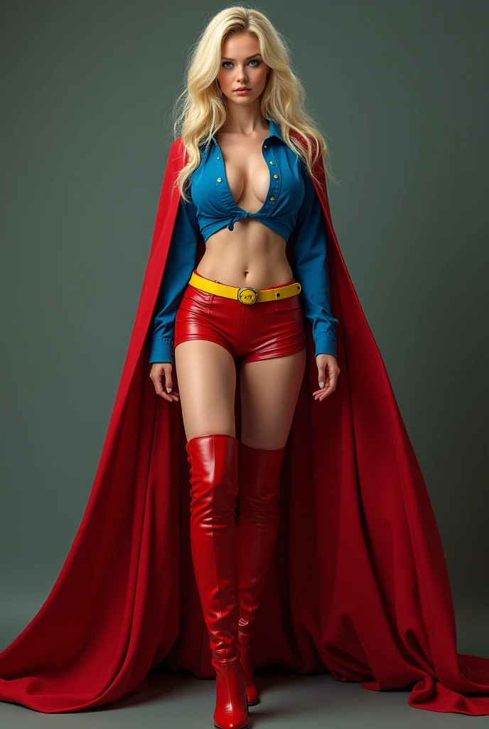 A SEXY BUSTY BLONDE FEMALE WITH BLUE EYES WEARING A 1970 SPLIT OPEN V BUTTONLESS FULL LENGTH BLUE V BLOUSE WITH A "S" EMBLEM ON THE RIGHT SIDE OF HER CHEST, A PAIR OF RED LEATHER SHORTS WITH A YELLOW SUPERMAN BELT, TALL RED HEELED BOOTS, AND A LONG FLOWING RED CAPE. PHOTO REALISTIC, HYPER DETAILED AND TEXTURED.
Estimated Cost : 24