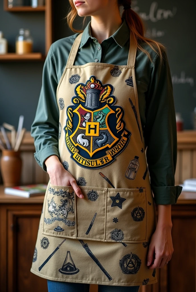 Make a teacher apron design that contains the following features long sleeves, Crew neck and button-down collar with Harry Potter theme